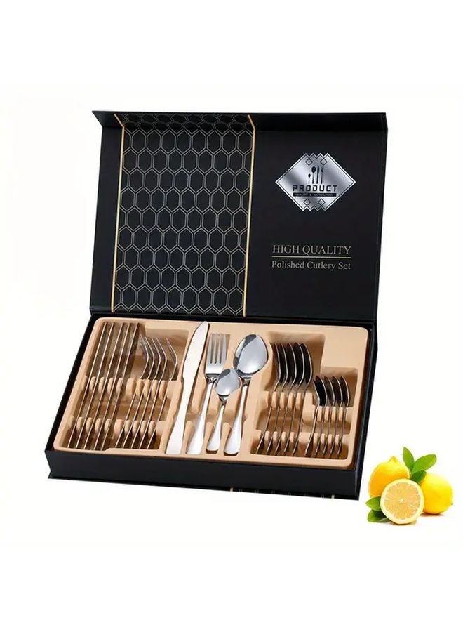 Golden Stainless Steel Western Tableware Set with Steak Knives Forks Spoons Gift Box - Image 4